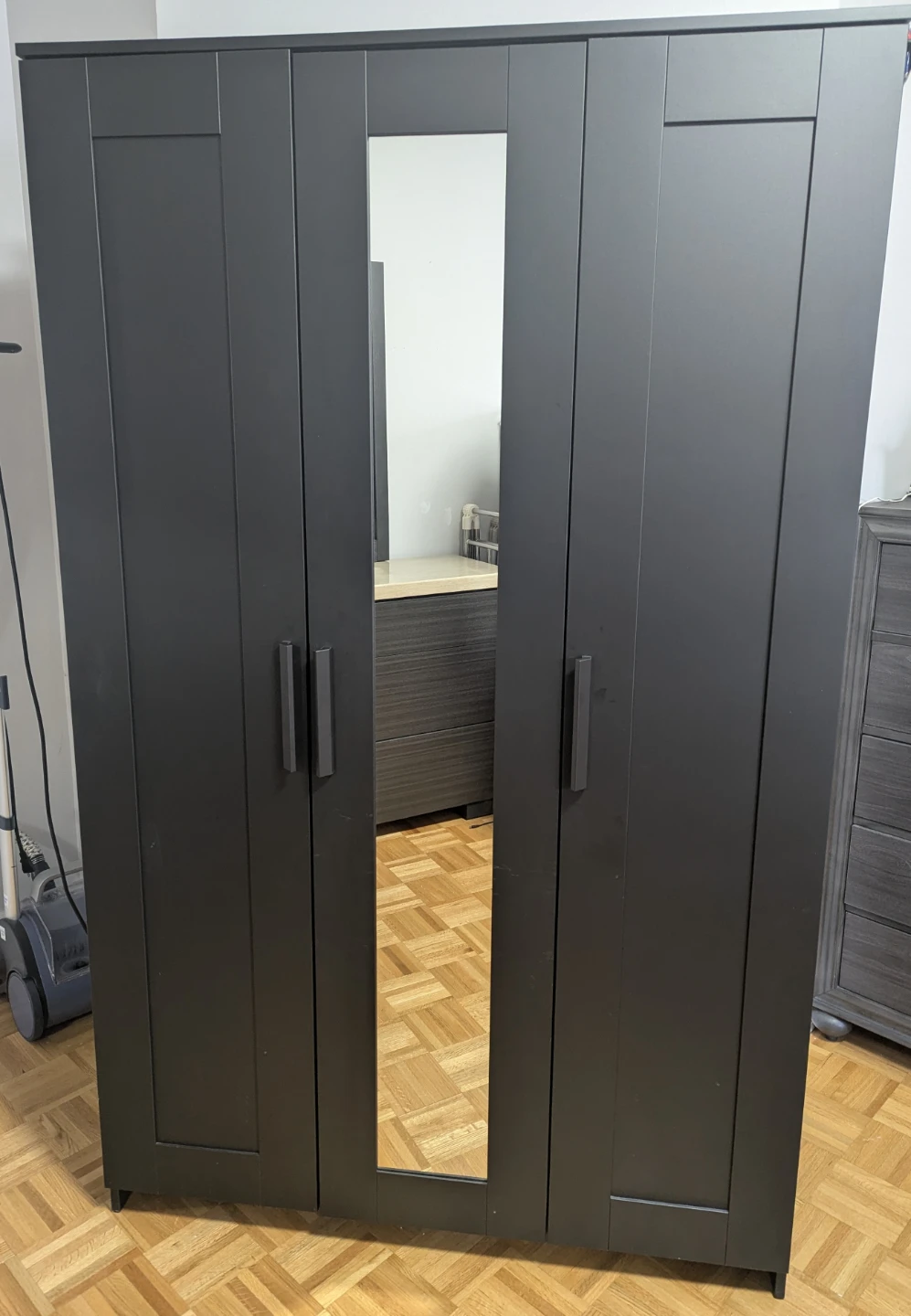 Black 3-Door Wardrobe with Mirrored Door