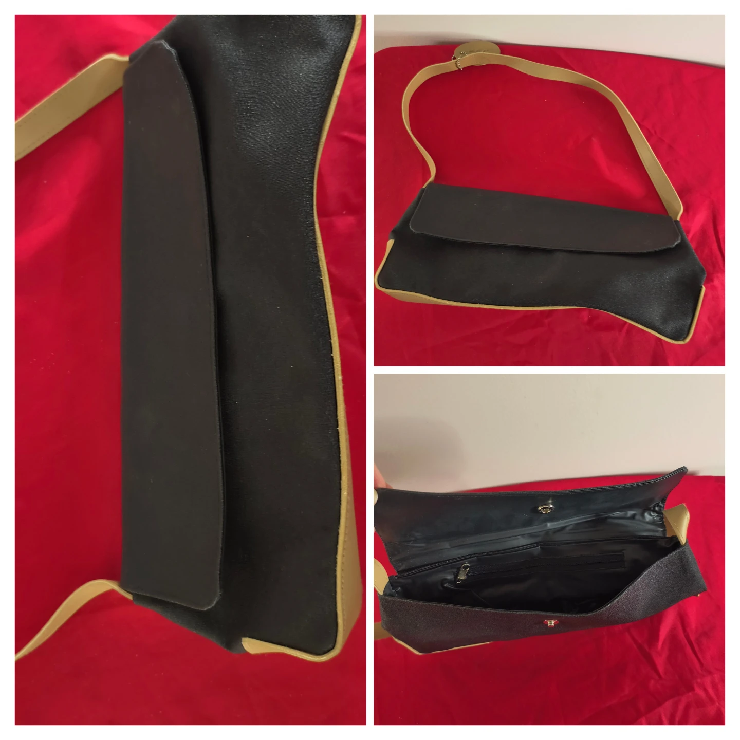 Black clutch purse with beige strap