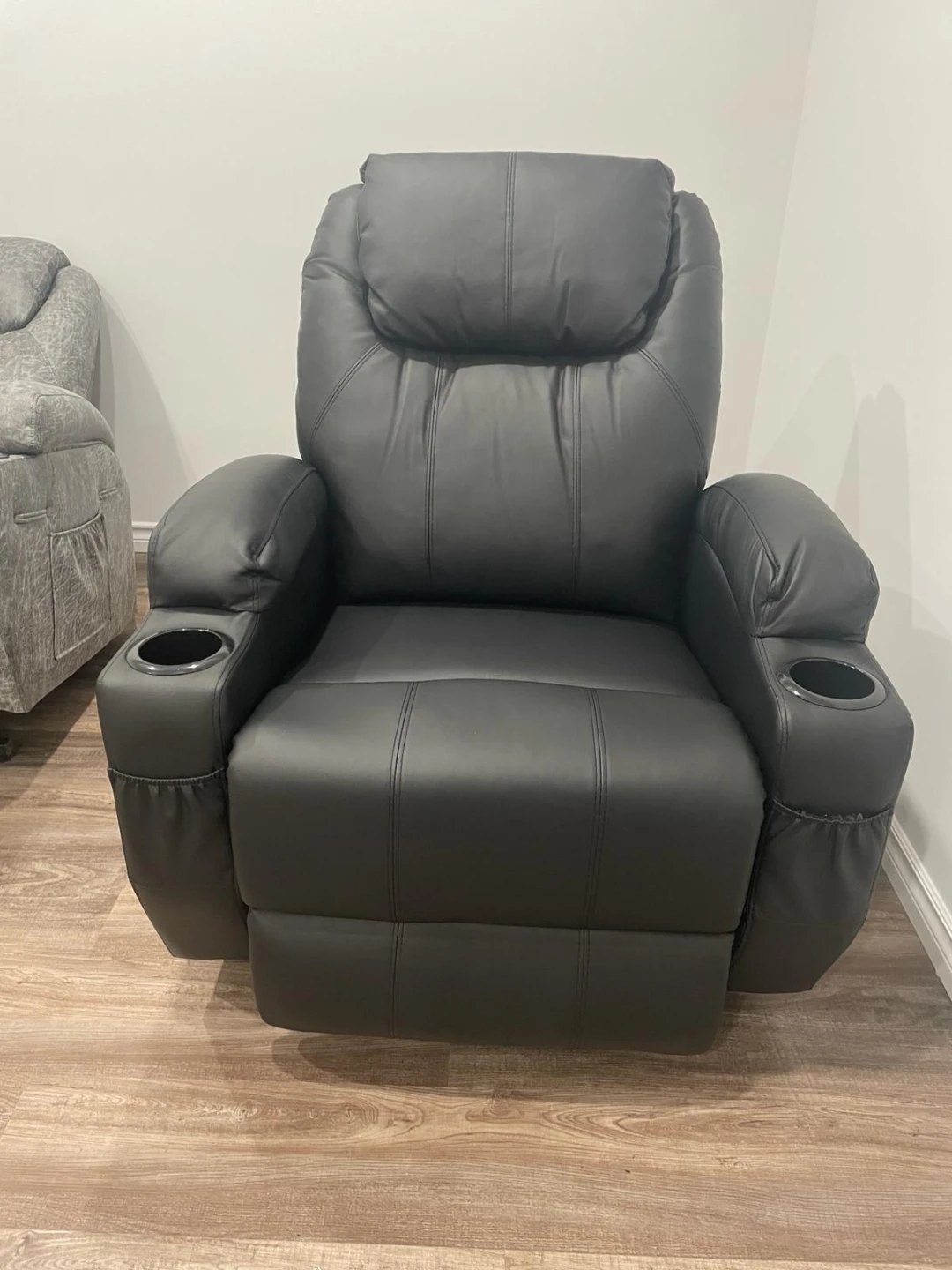 Black Faux Leather Power Recliner with Cup Holders