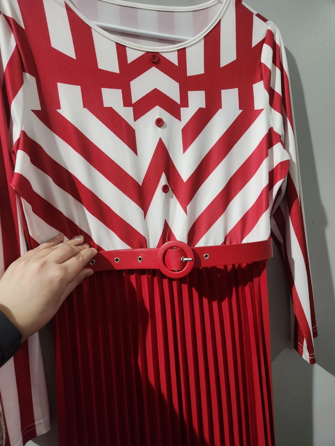 Red and White Striped Pleated Dress with Belt