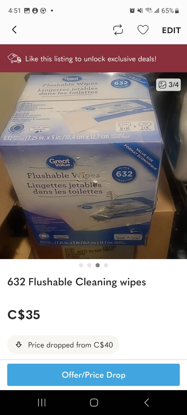 Great Value 632 Flushable Cleaning Wipes