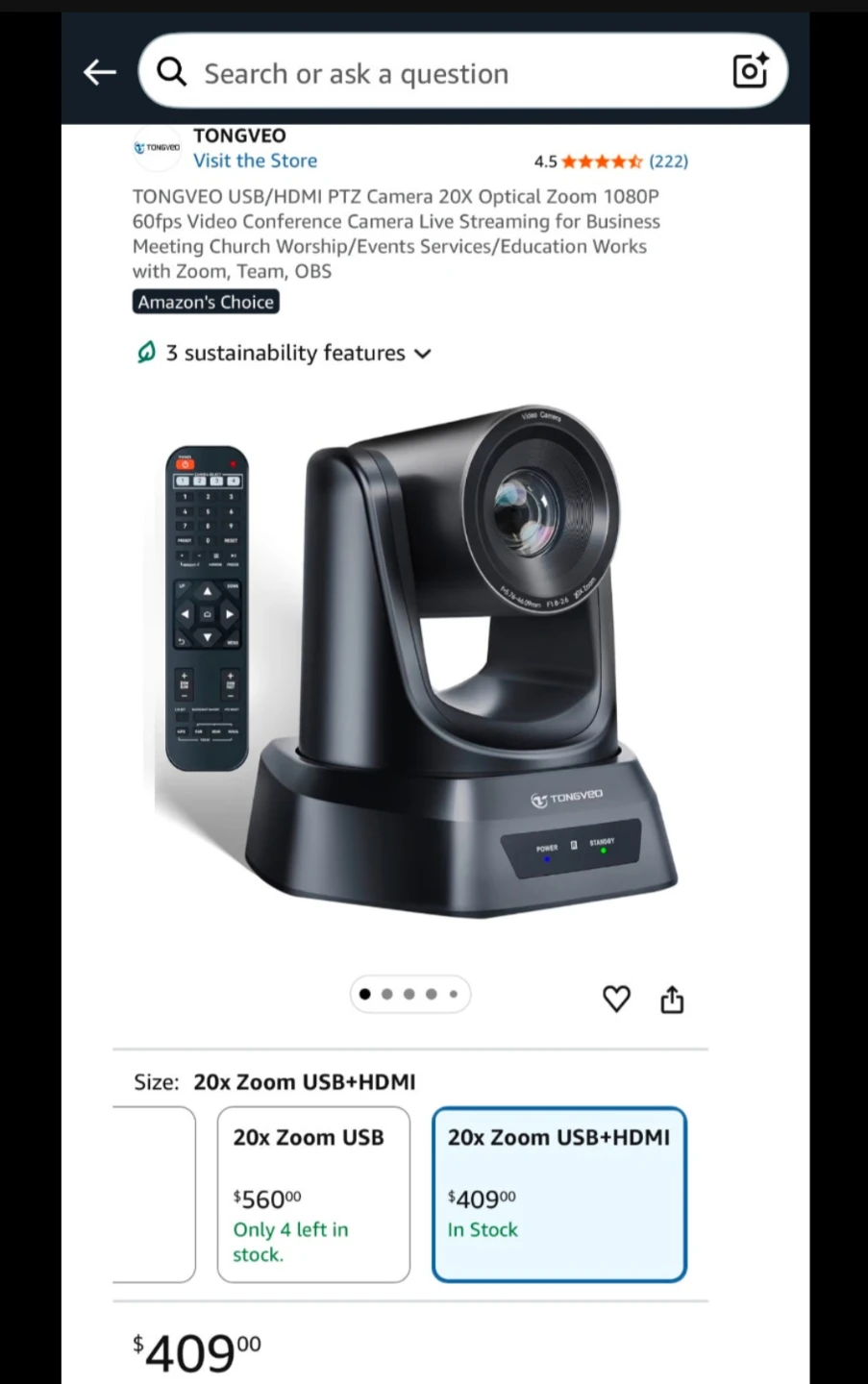 Video Conference Camera USB/HDMI PTZ 20X Optical Zoom 1080P/60fp