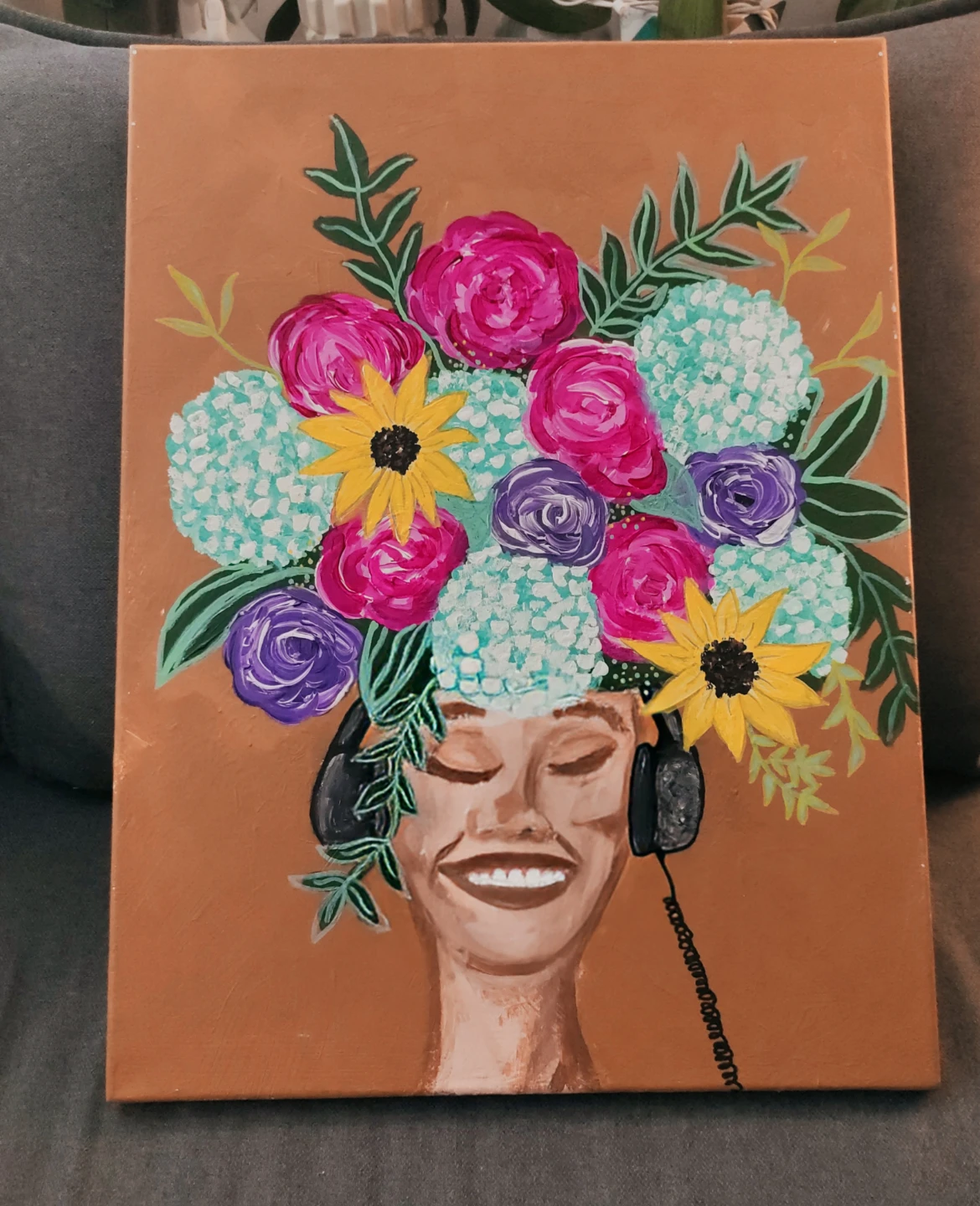 Original Painting - Woman with Flowers and Headphones