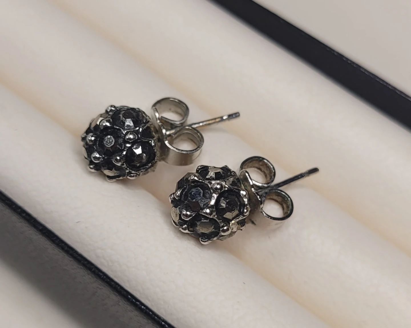Silver Tone Stud Earrings w/ Black Stones
