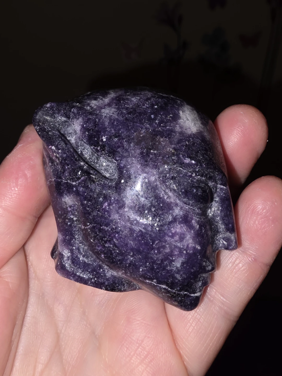 Lepidolite avatar head carving
