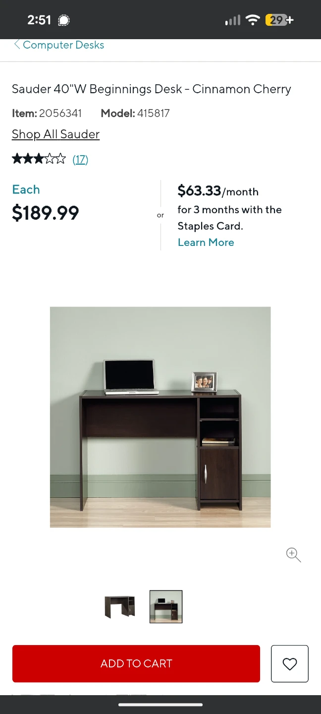 Sauder Beginnings Desk - Cinnamon Cherry