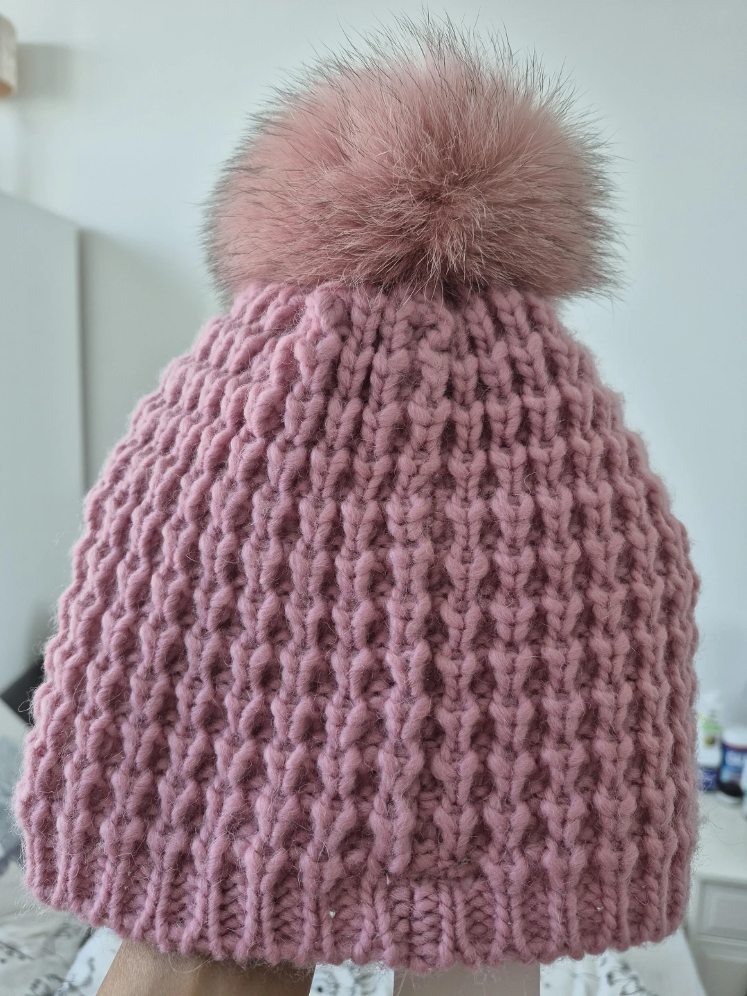 Kyi Kyi Pink Knit Beanie with Fox Fur Pom