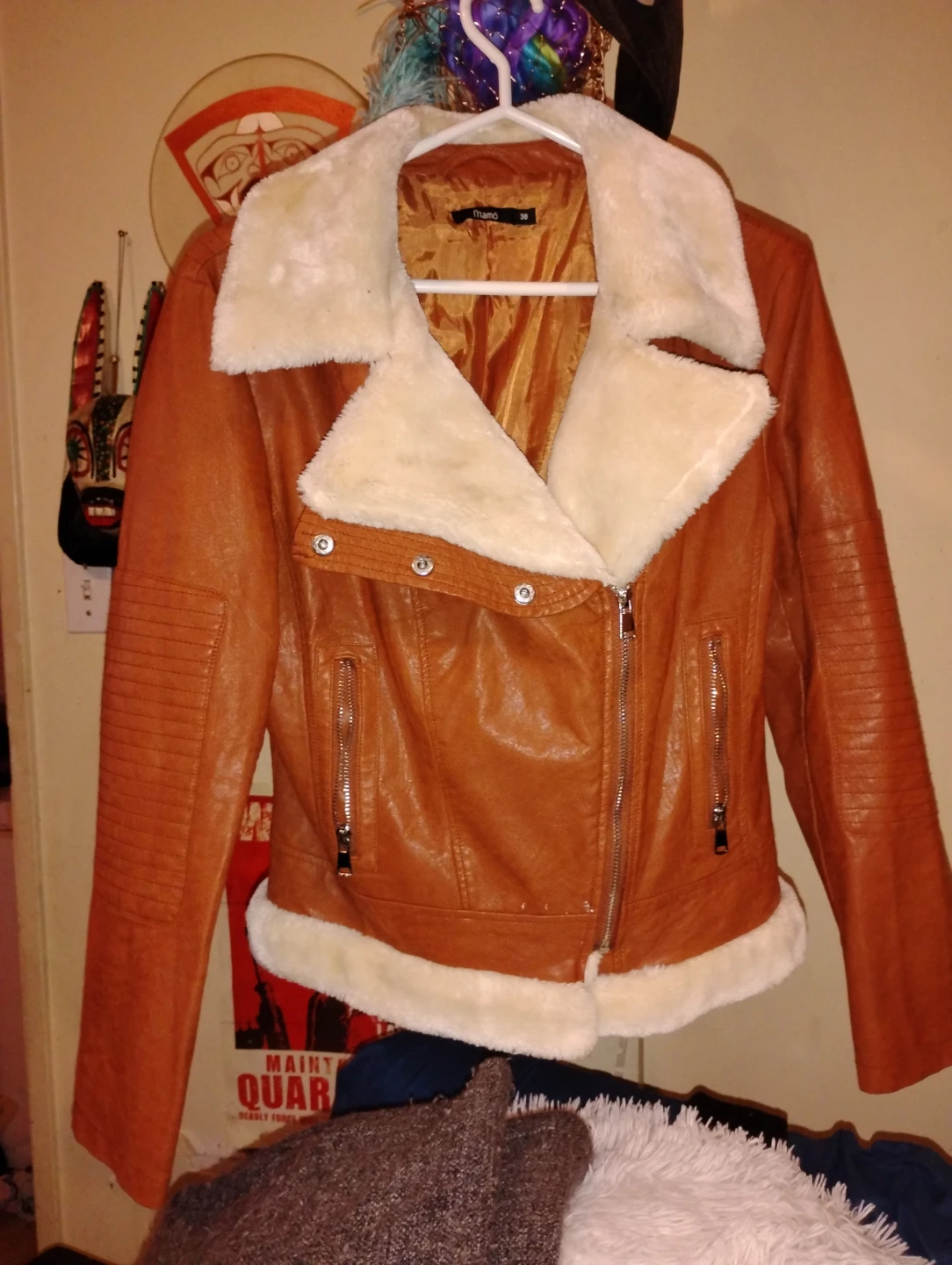 Mamo Brown Faux Leather Moto Jacket with Sherpa Collar Size 38