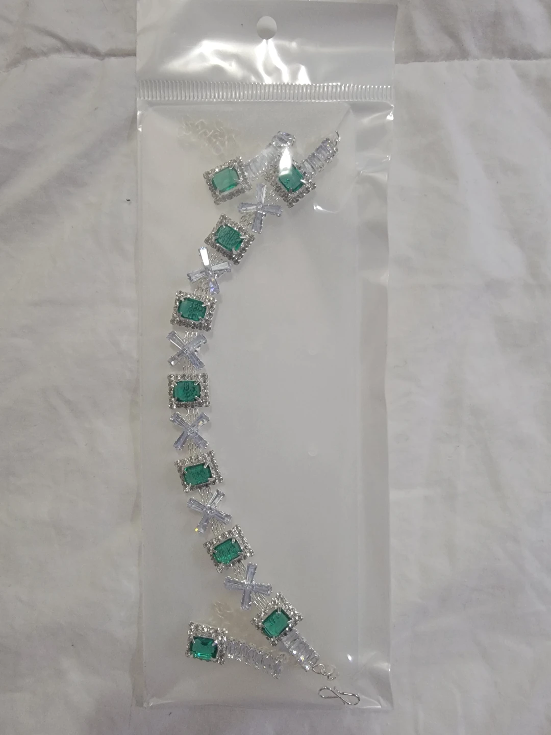Emerald Green Rhinestone Bracelet and Earrings Set
