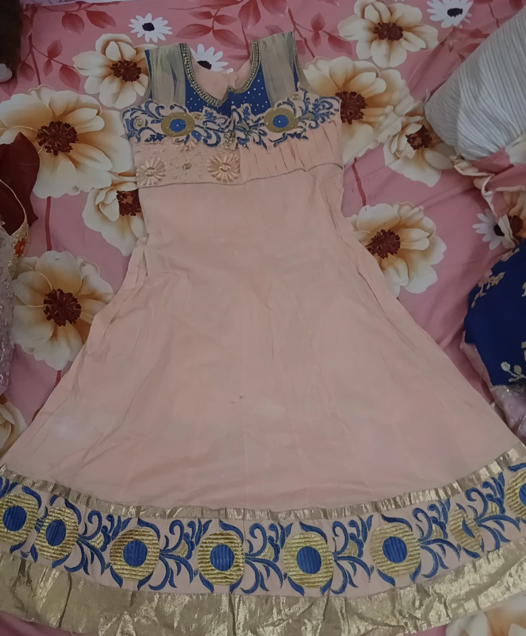 Peach Anarkali Suit with Blue and Gold Embroidery