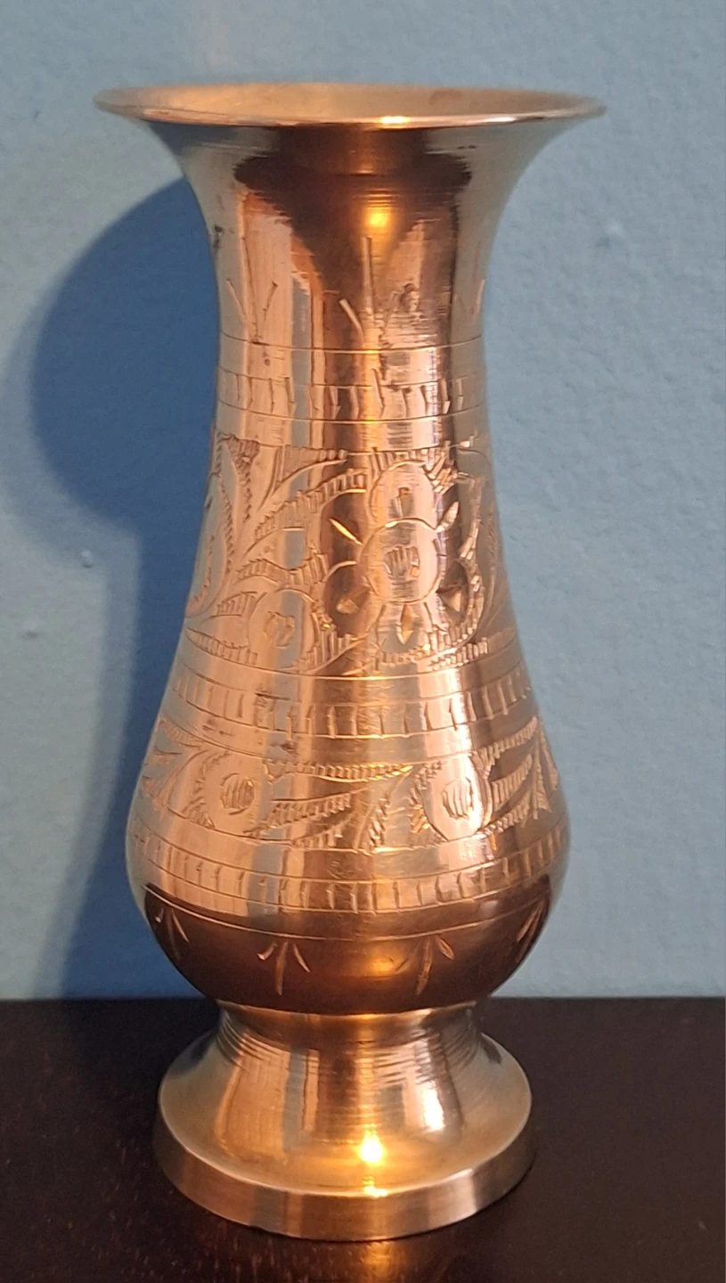 Vintage Brass Vase with Engraved Floral Design