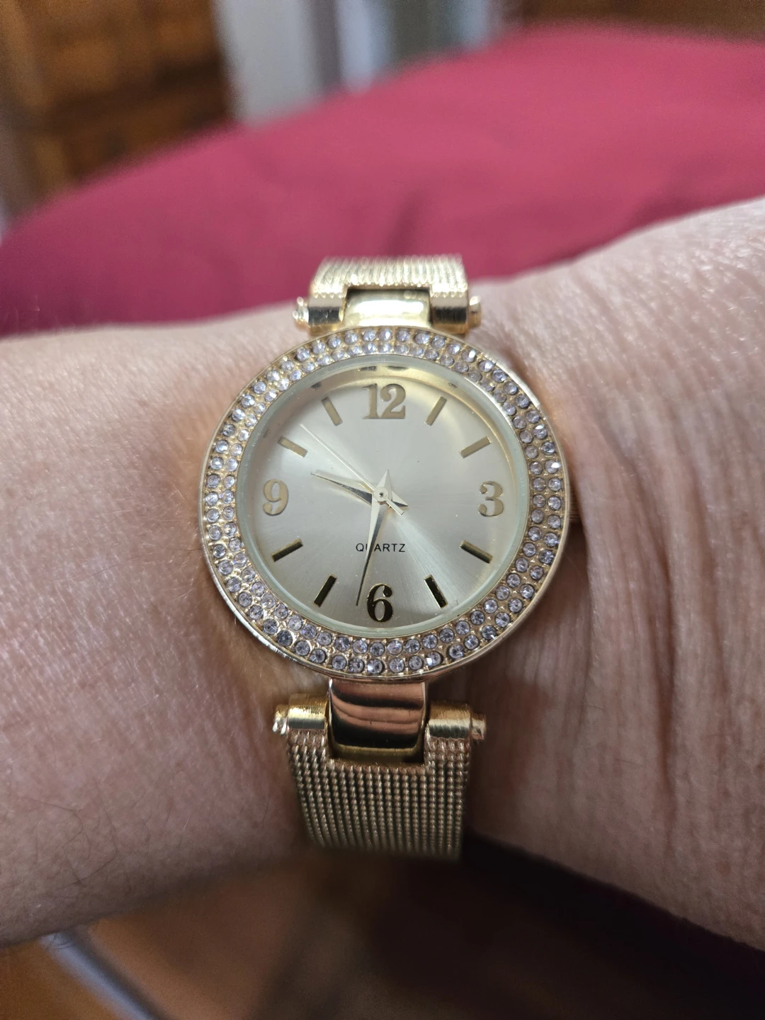 Gold Tone Quartz Watch with Rhinestone Bezel