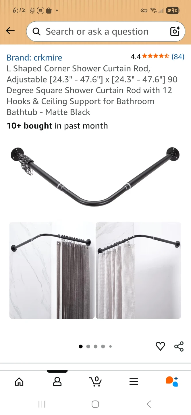 L Shaped Corner Shower Curtain Rod, Adjustable, Matte Black