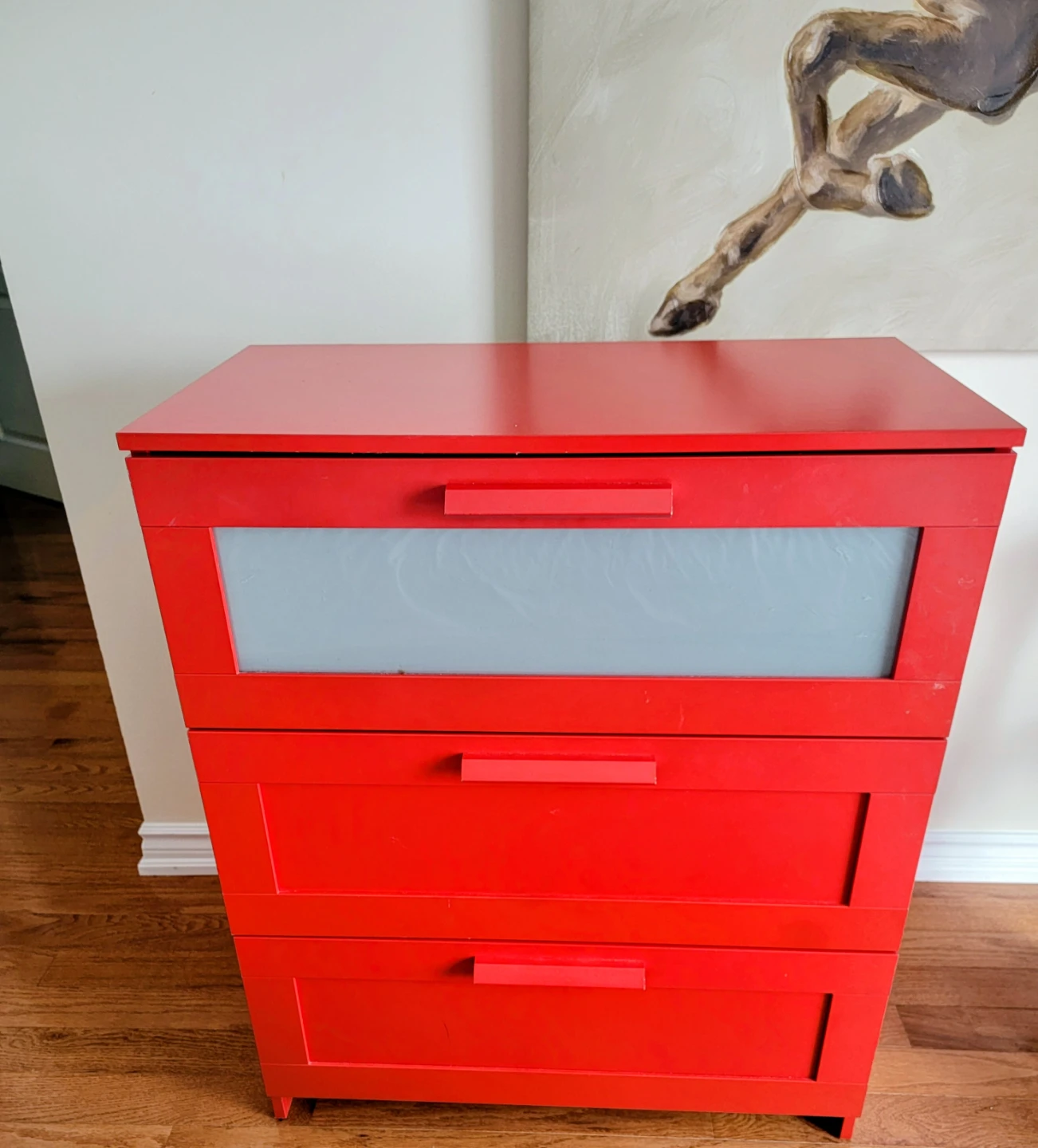 IKEA Red 3-Drawer Chest with Frosted Glass Insert