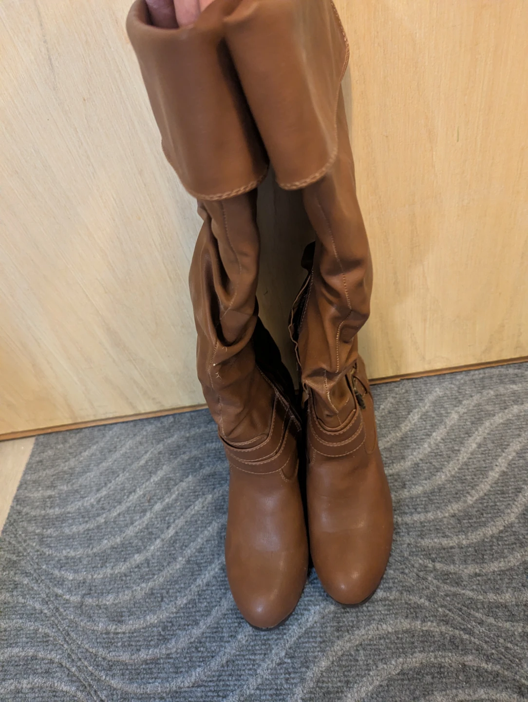 Brown Faux Leather Slouch Boots with Buckle Detail