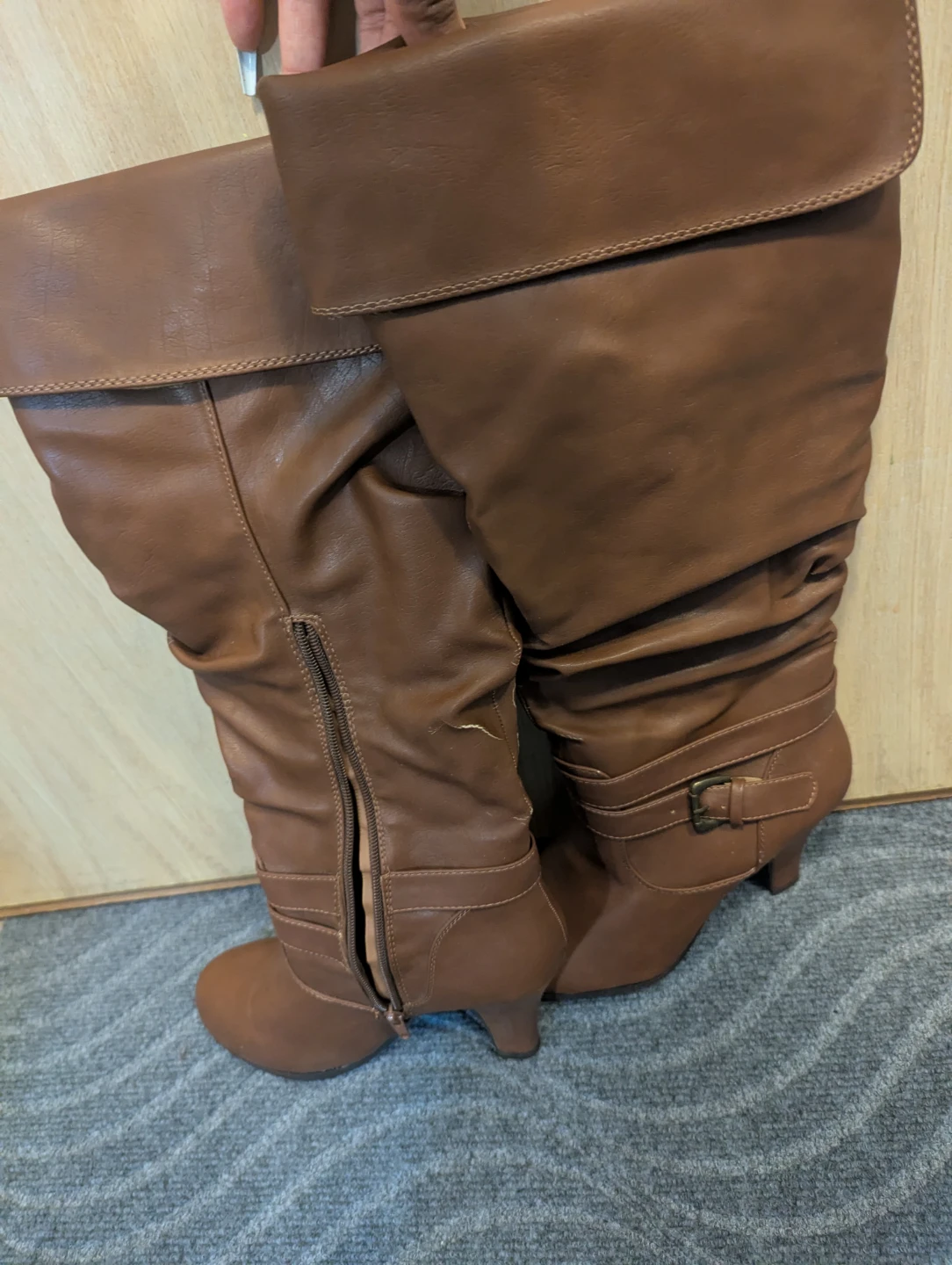Brown Faux Leather Slouch Boots with Buckle Detail - photo 2