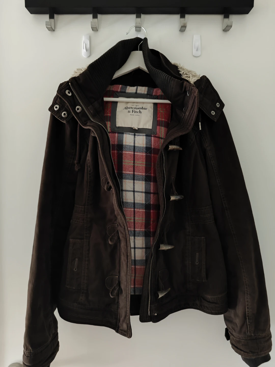 Abercrombie & Fitch Brown Toggle Jacket with Plaid Lining