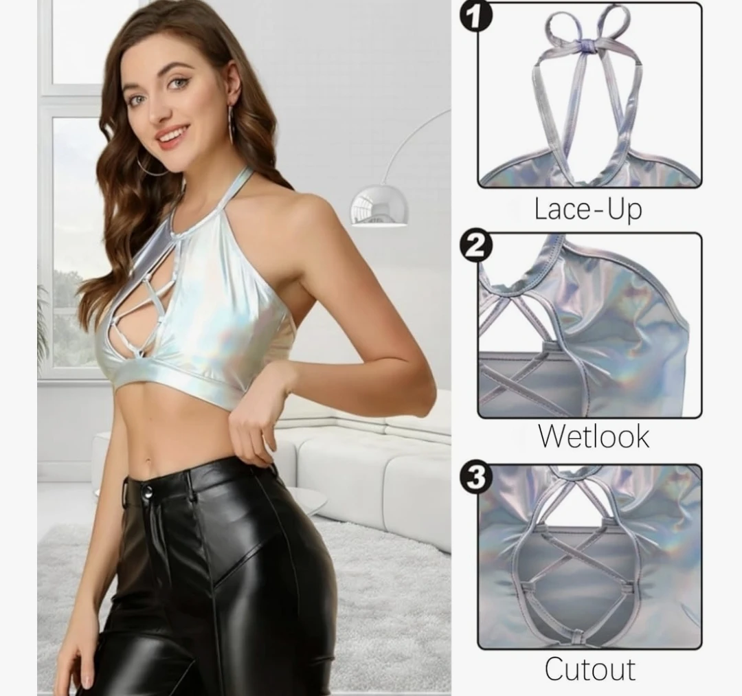 Brand New Metallic Crop Top, Sexy Cut Out, Halter Neck Vest - photo 5