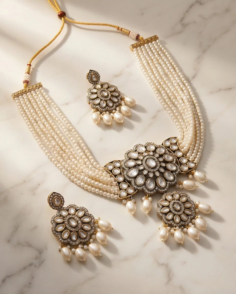 Chunky Pearl Choker Necklace & Earring Set with Gemstone Accents