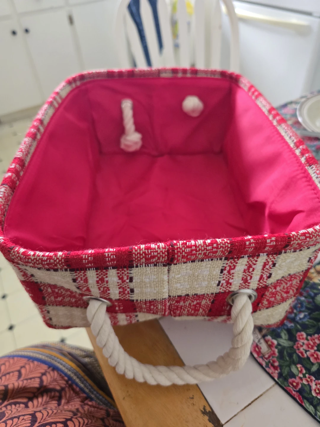 Red and White Plaid Woven Storage Basket with Rope Handles
