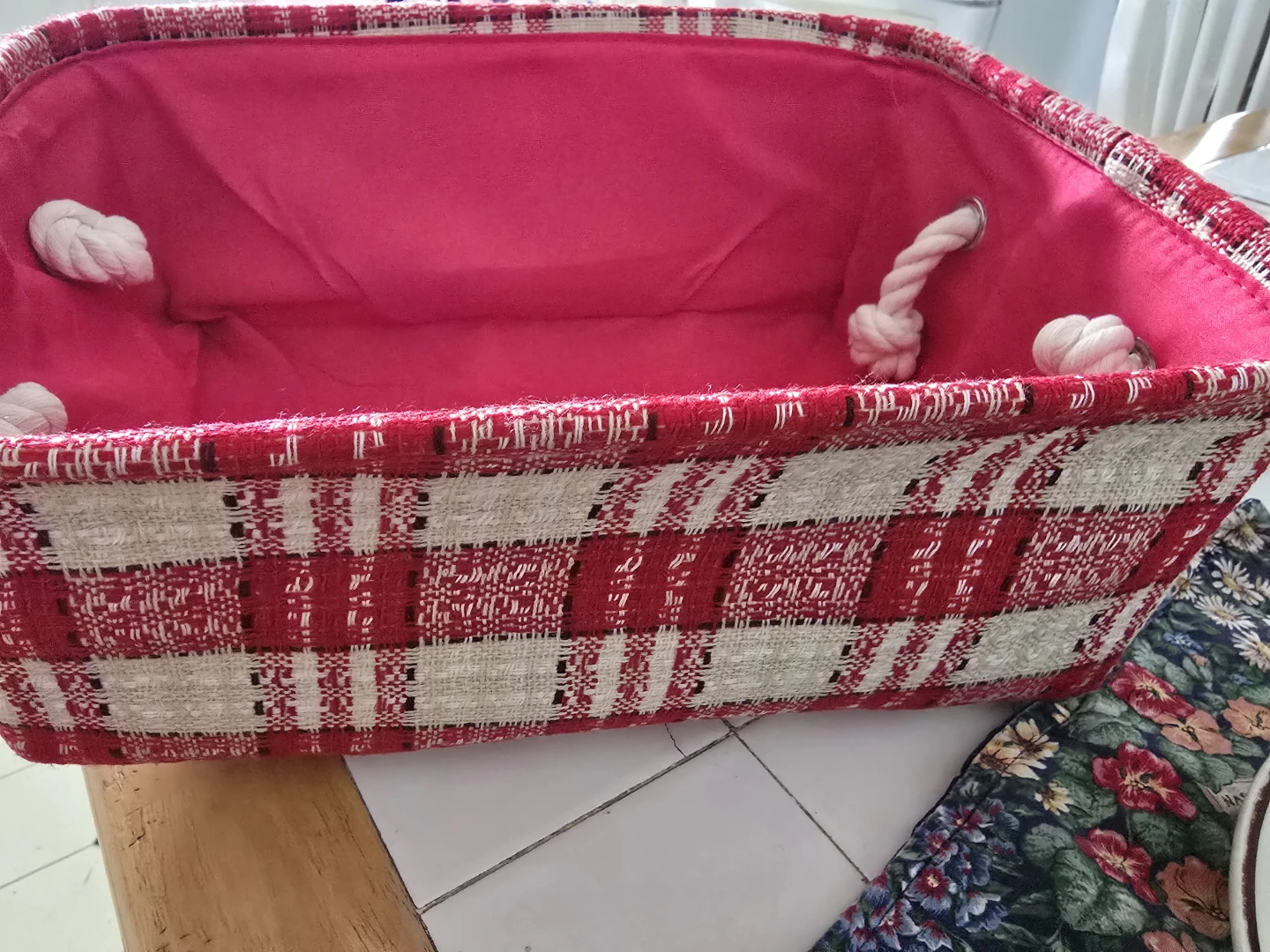 Red and White Plaid Woven Storage Basket with Rope Handles - photo 2