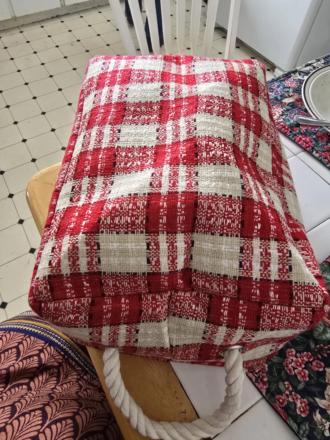 Red and White Plaid Woven Storage Basket with Rope Handles - photo 3