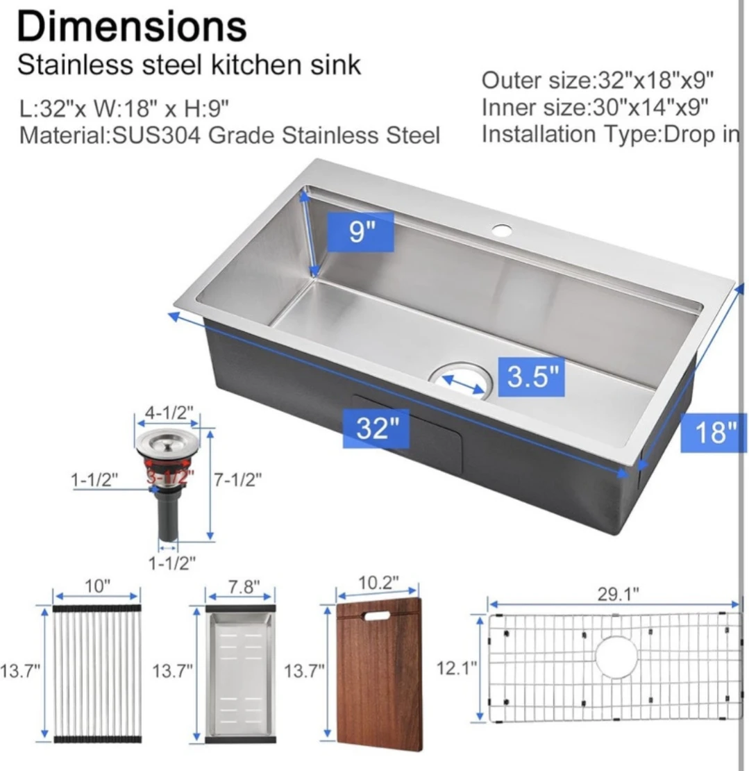 Drop in Kitchen Sink, 18 Gauge Stainless Steel 32x18x9” NEW - photo 2