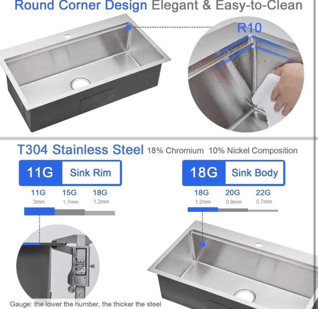 Drop in Kitchen Sink, 18 Gauge Stainless Steel 32x18x9” NEW - photo 4