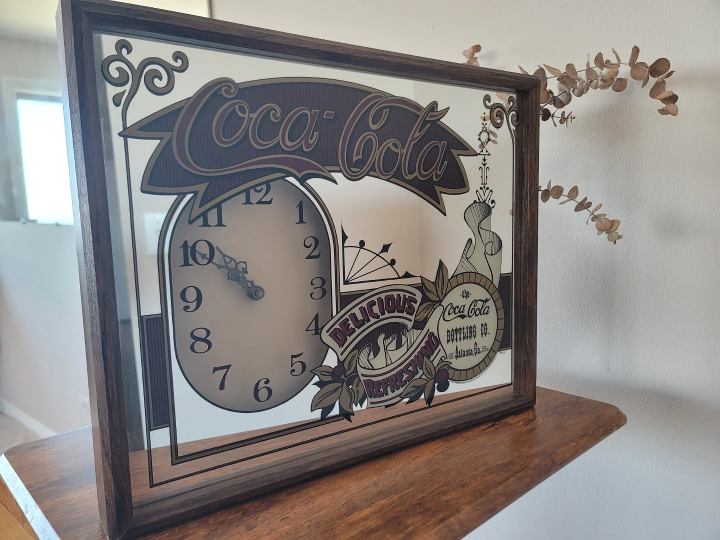 Coca Cola Vintage Wall Clock with Brown Frame 17" X 21" - photo 2