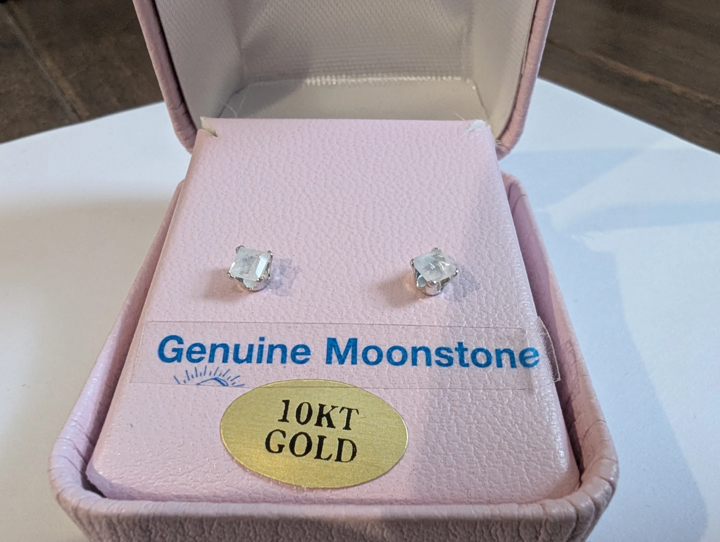 Brand New 10K White Gold Moonstone Earrings For Sale