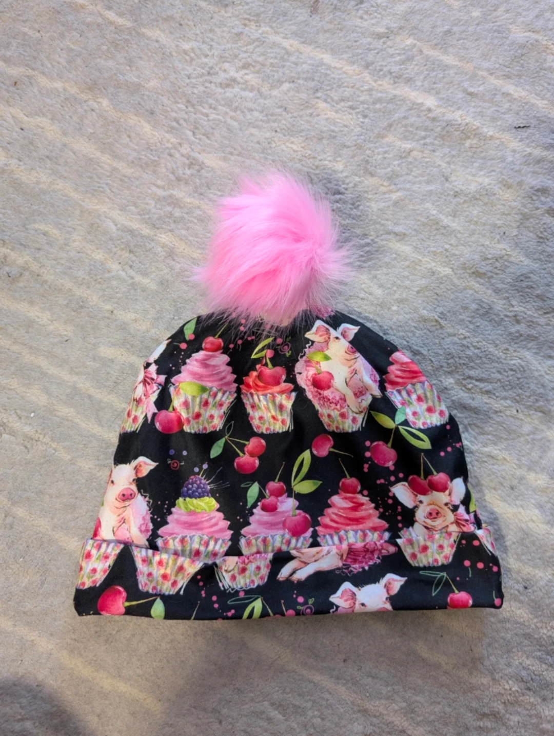 Cupcake and Pig Print Beanie with Pink Pom Pom - photo 2