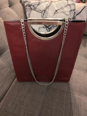 Red Leather & Pewter Handbag with Silver Chain