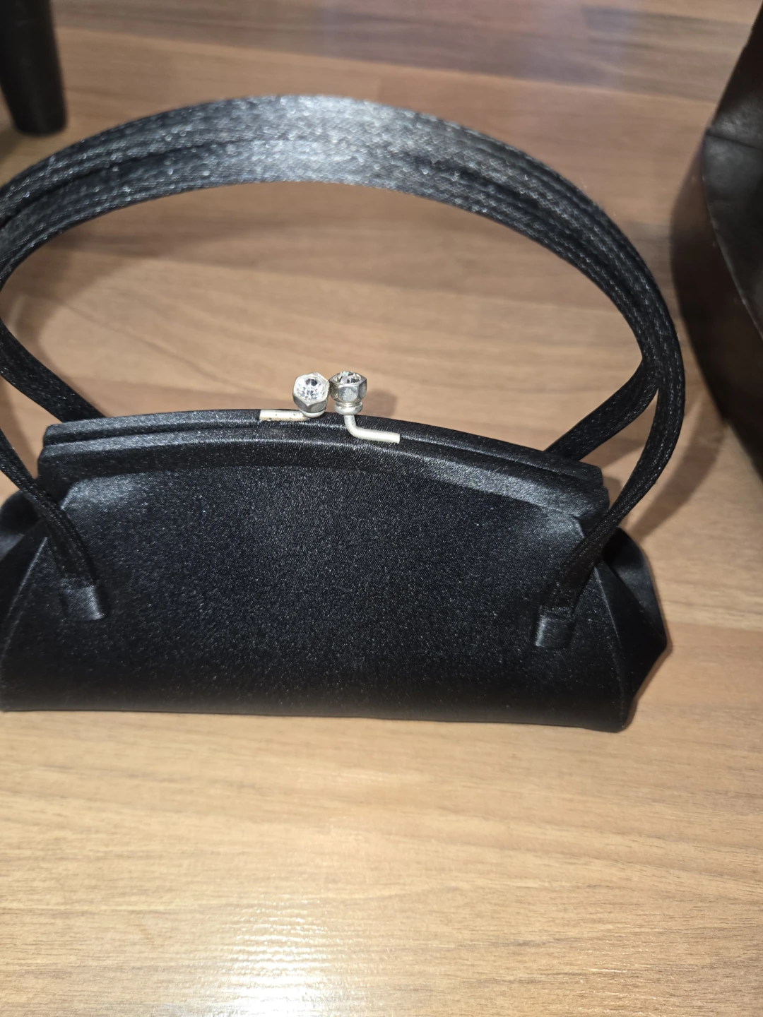 Black satin evening clutch with rhinestone clasp - photo 2