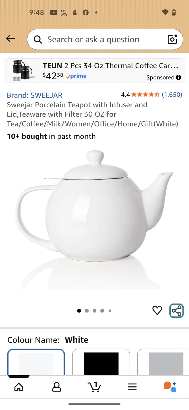 Sweejar White Porcelain Teapot with Infuser - 30 OZ