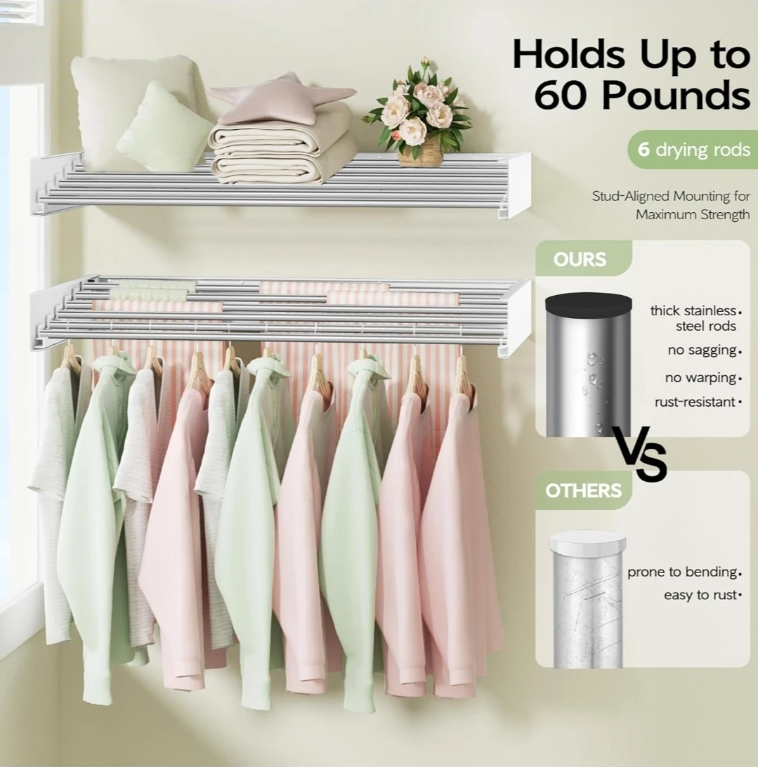 Wall Mounted Clothes Drying Rack - 6 Rods, White - photo 4