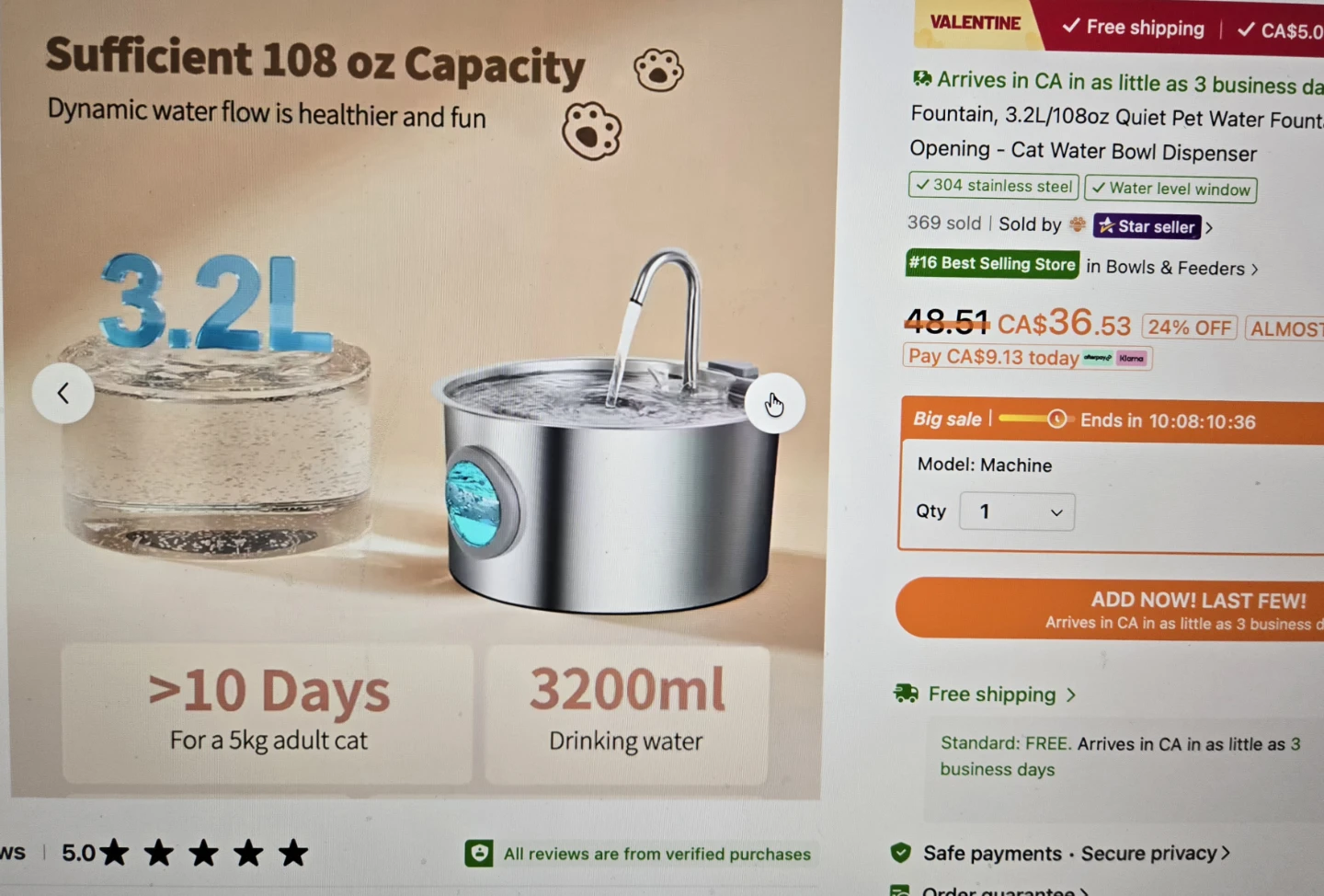 Pet Water Fountain - Stainless Steel 3.2L Capacity