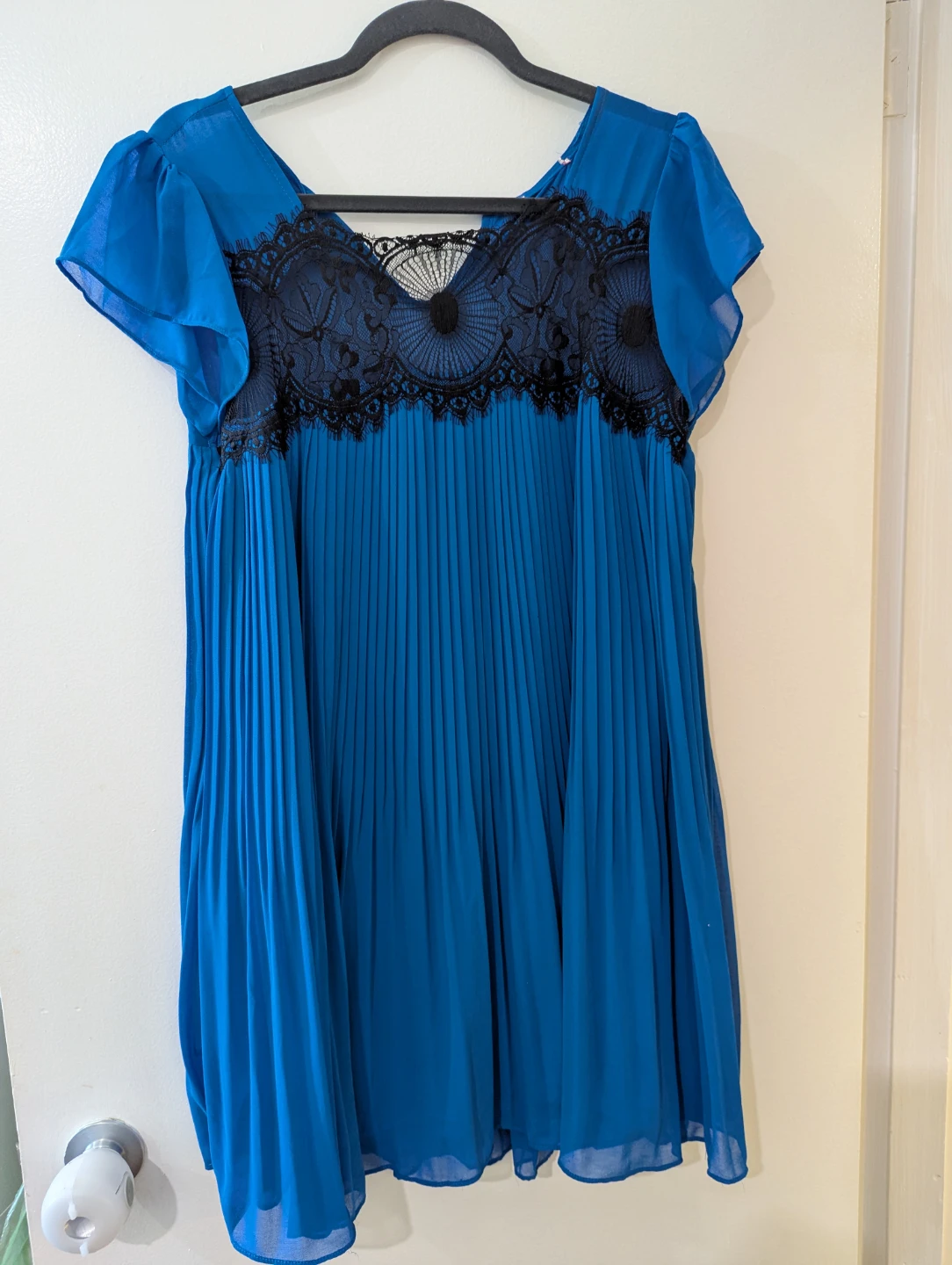 Blue Pleated Dress with Black Lace Detail