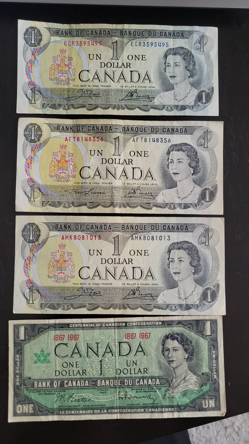 4 x Canadian $1 Dollar Bills - Bank of Canada