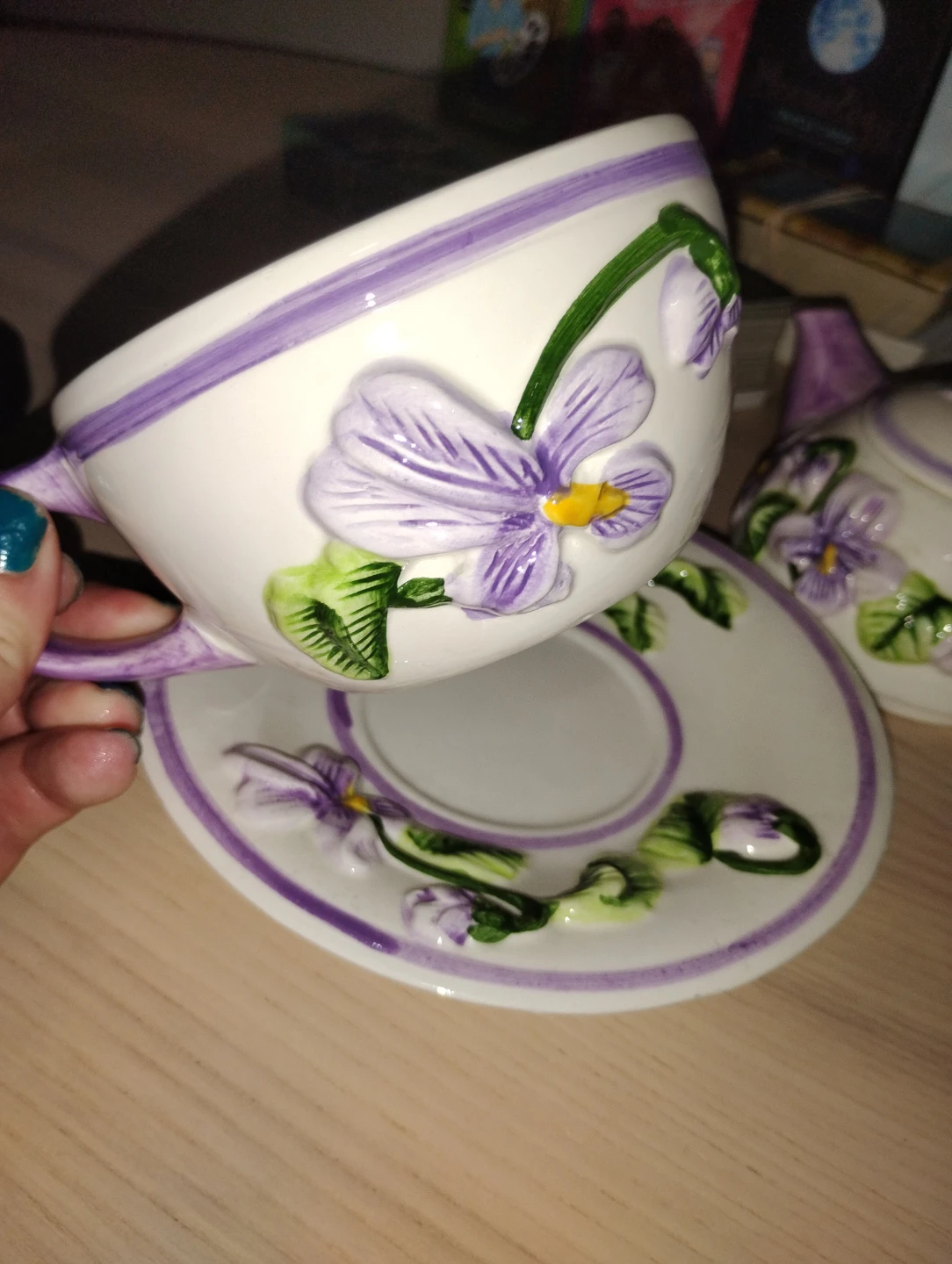 Vintage Violet Teacup, Saucer, and Mini Teapot Set - photo 2