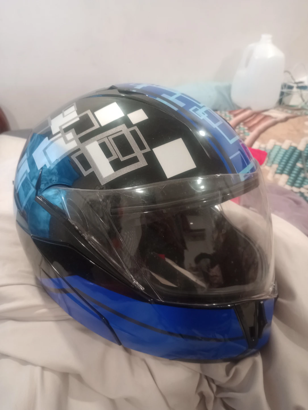 Blue Motorcycle Helmet with Graphic Design - photo 2