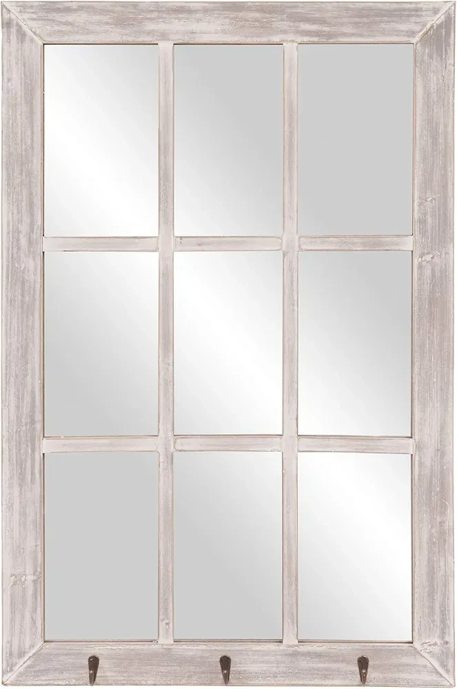 🆕️ 24x36 Distressed White Windowpane Wall Mirror with Hooks