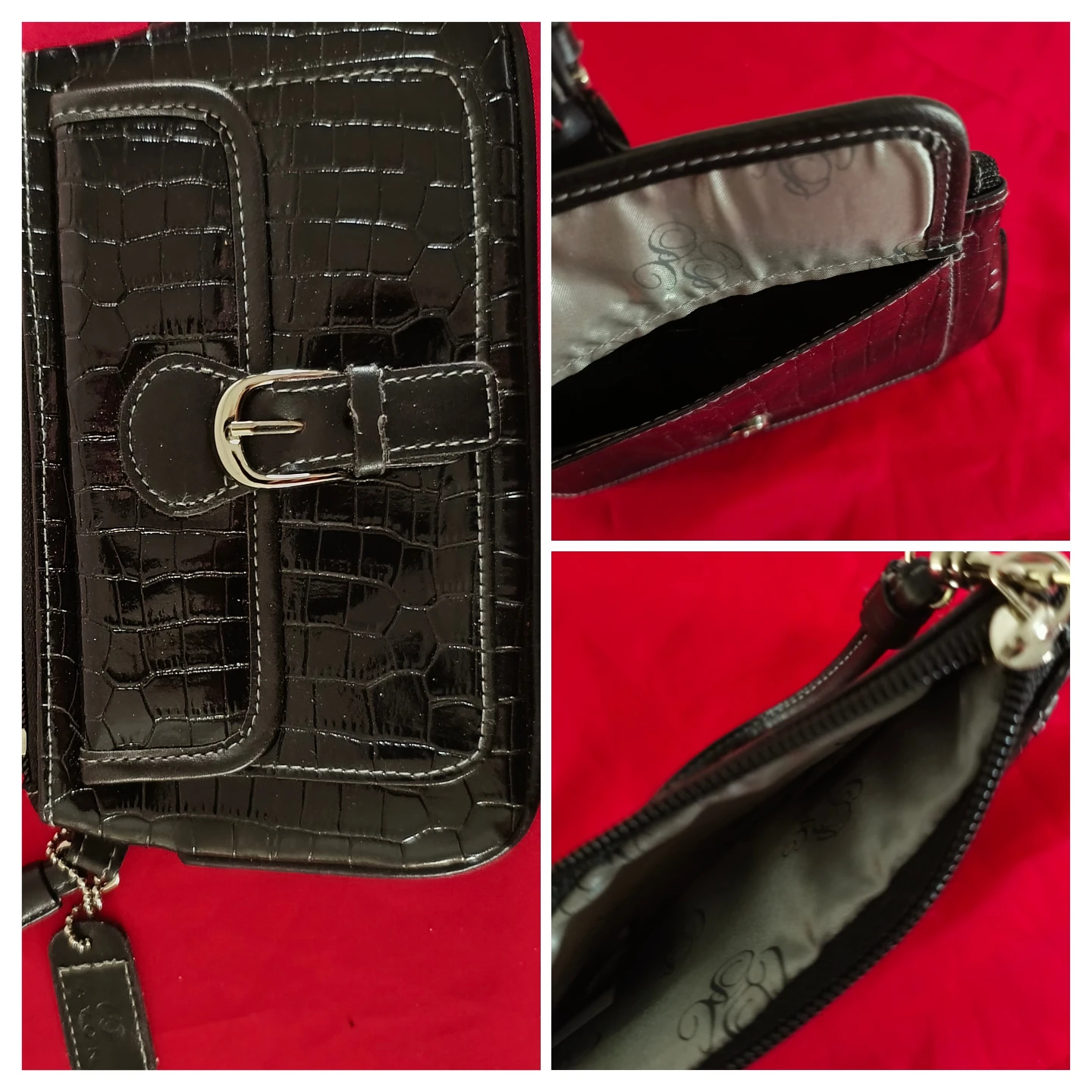 Black Crocodile-Embossed Wristlet Clutch