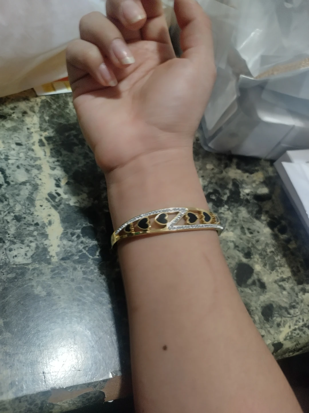Gold-tone Bracelet with Black Hearts and Rhinestones