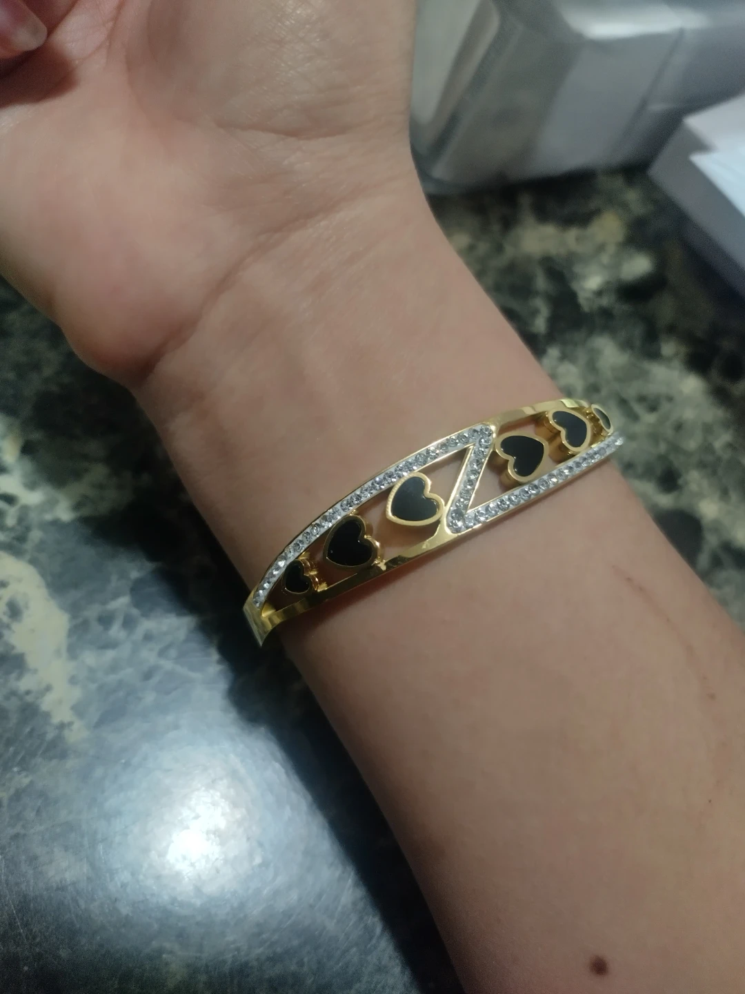 Gold-tone Bracelet with Black Hearts and Rhinestones - photo 2