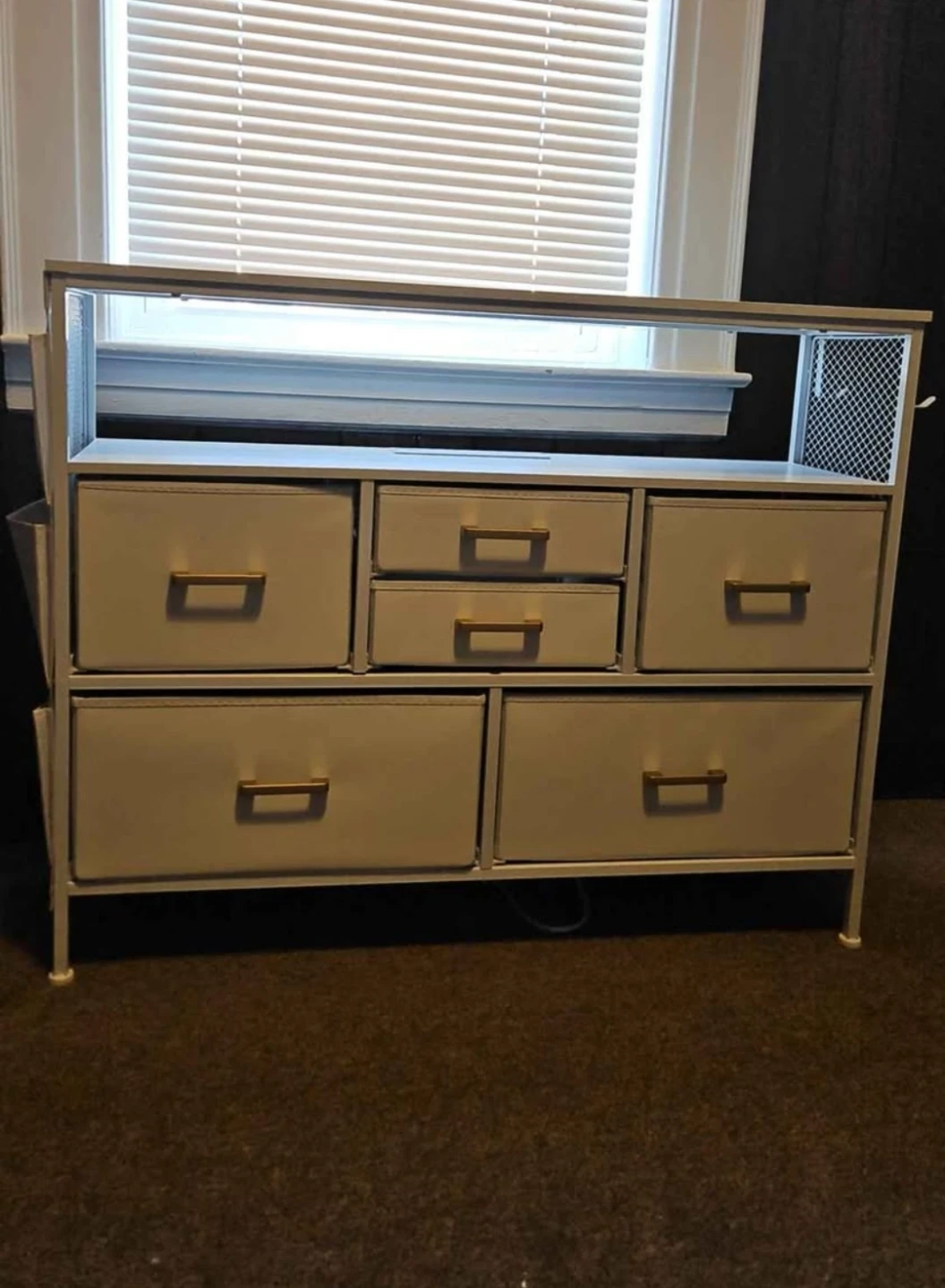 White Metal Storage Unit with Fabric Drawers