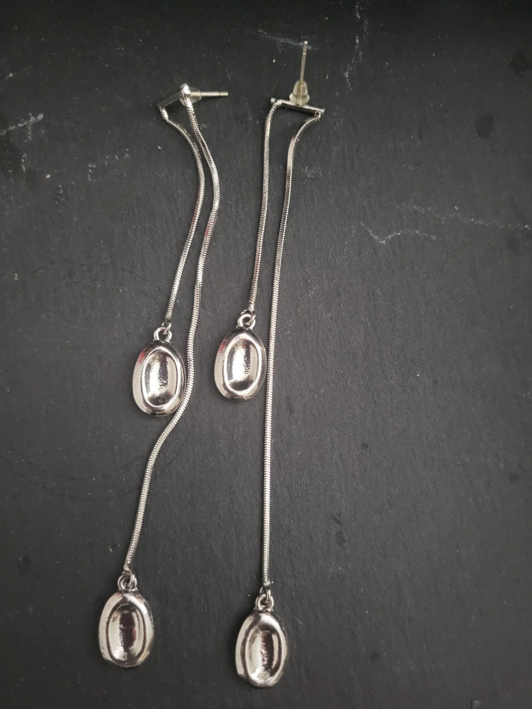 Silver Snake Chain Drop Earrings with Oval Charms