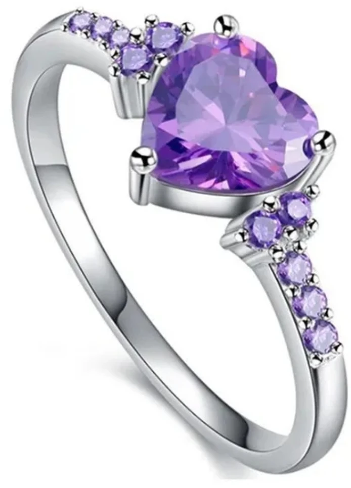 Silver Heart Ring with Purple Stones