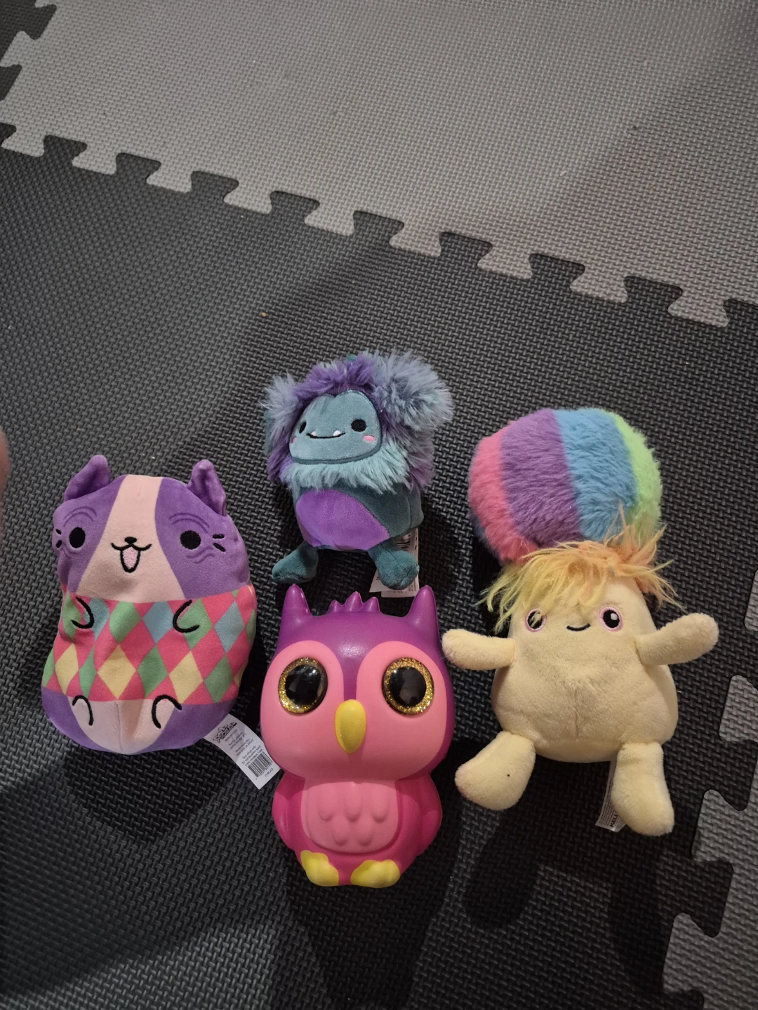 Four Plush Toys - Owl, Cat, Monster, and Figure