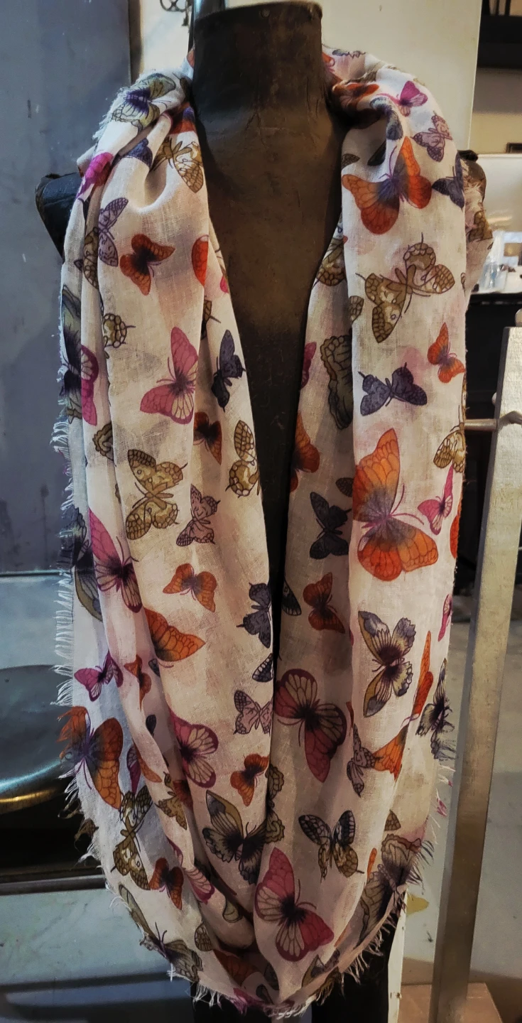 Butterfly Print Infinity Scarf - Lightweight, woven