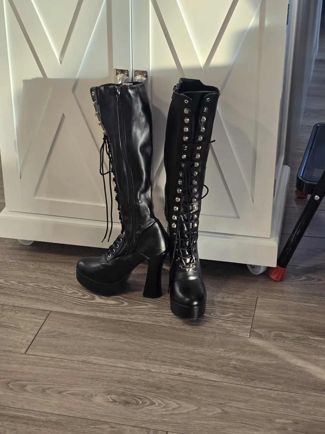 Black Faux Leather Lace-Up Platform Knee-High Boots - photo 2
